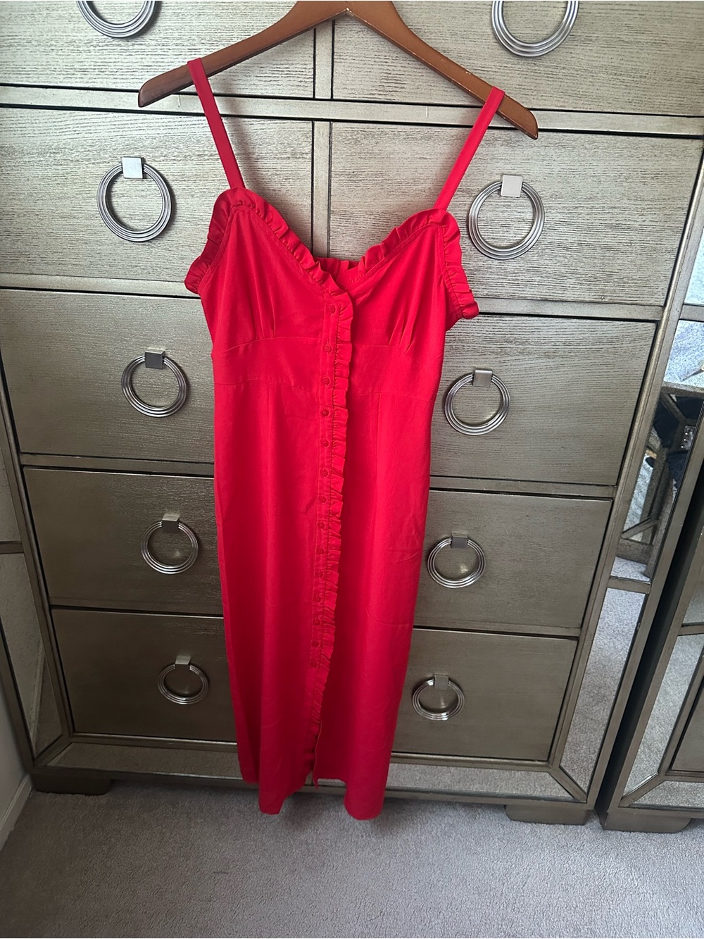 🛍️SALE🛍️ Topshop Red Ruffle-Trim Button Front Dress - Picture 3 of 9